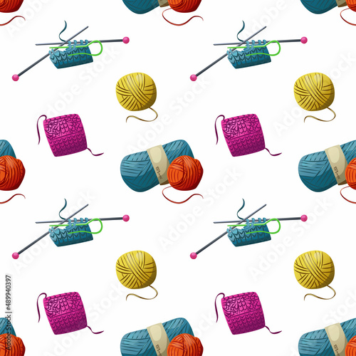 Knitting. Vector seamless pattern on a white background. Bright yarn, design.
