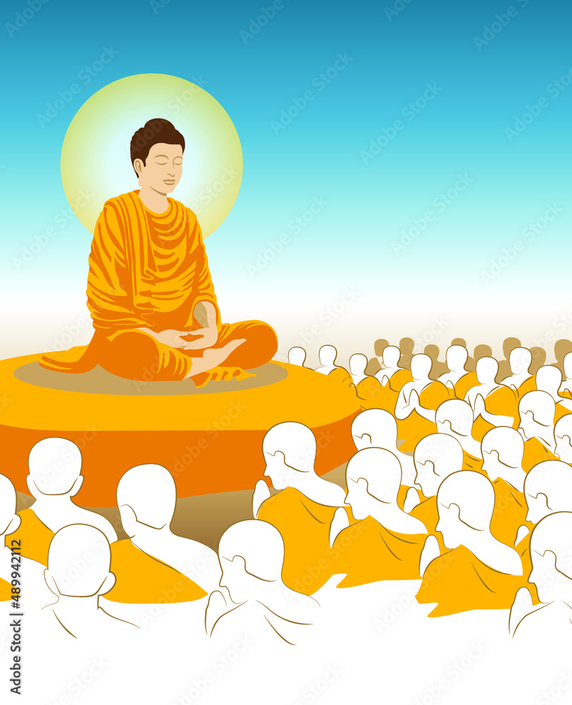 beautiful Vector of Lord of Buddha Enlightenment mediating sitting with crowd of monk for Makha, Visakha, Asarnha Bucha, Visak and buddhist lent day asian religion holiday retro style blue background - obrazy, fototapety, plakaty 