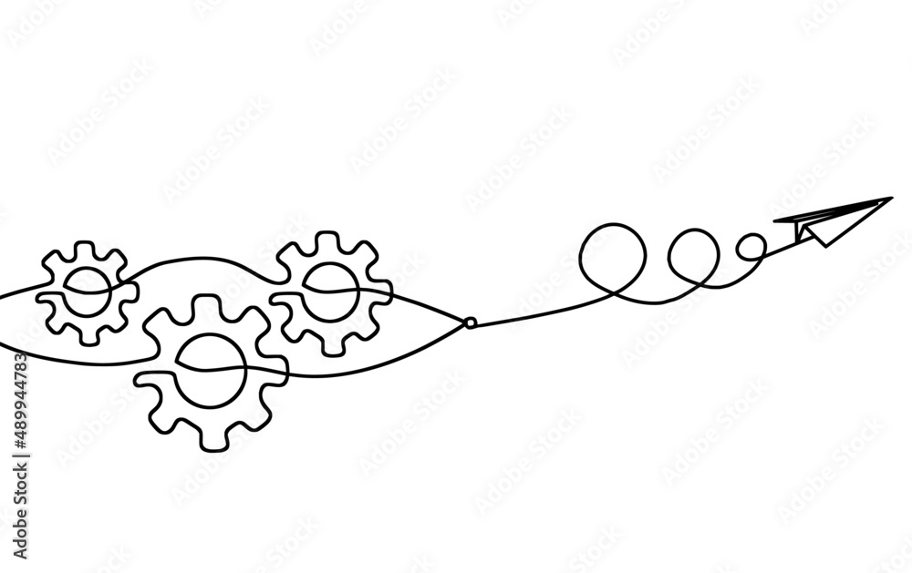 Abstract round metal gears wheels with paper plane as line drawing on white background Abstract round metal gears wheels with paper plane as line drawing on white background
