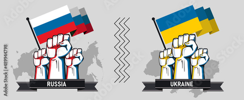 Banner for Ukraine and Russia conflict with Ukrainian and Russian flag and map with raised fists for patriotism or support. Military War crisis. Vector Illustration Icons.