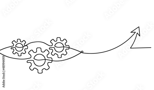 Abstract round metal gears wheels with arrow as line drawing on white background. Vector