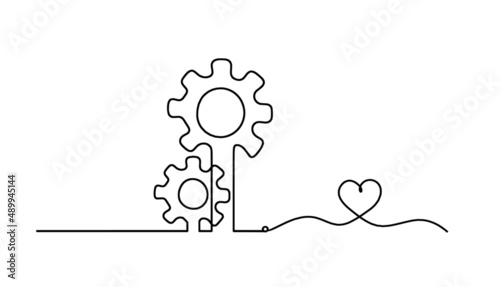 Abstract round metal gears wheels with heart as line drawing on white background