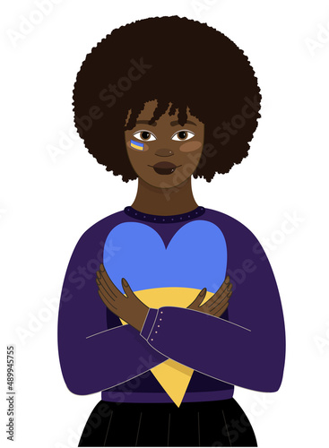 African american girl with brown hair hugs a heart with the colors of the flag of Ukraine. Save Ukraine. Support for Ukraine. No war. Only peace in the world. Vector illustration