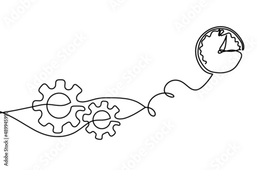 Abstract round metal gears wheels with clock as line drawing on white background
