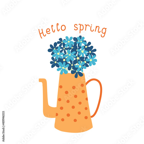 Teapot with flowers vector illustration. Hello spring greeting card with text. Watering can with bouquet.