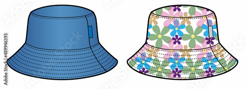 Panama hat denim color and with flowers pattern, bucket hat