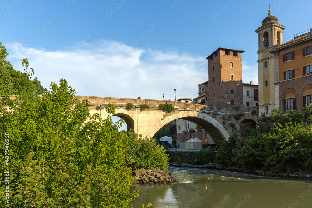 Castello Caetani, Tiber River and Pons Fabricius in city of Rome, Italy