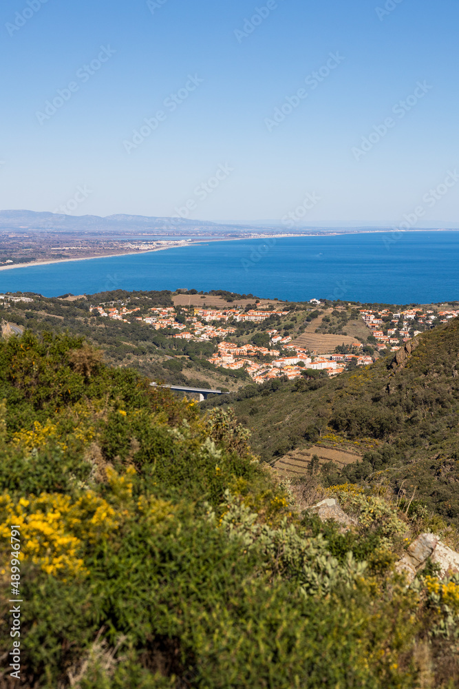 Vue sur Collioure et sa baie au bord de la Méditerranée depuis le Massif des Albères (Occitanie, France)
