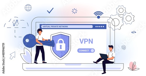 VPN Service Concept Virtual private network App for secure connection Data encryption Remote server Cloud technology Vector illustration Internet service provider Intranet access Cyber security