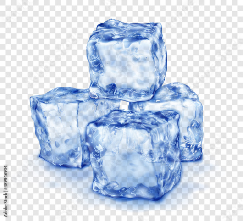 Group of realistic translucent ice cubes in blue color, with shadow, isolated on transparent background. Transparency only in vector format