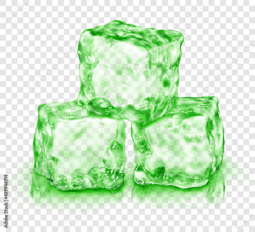Group of three realistic translucent ice cubes in green color, with reflection, isolated on transparent background. Transparency only in vector format