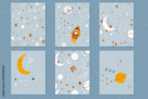Cosmic theme cards . Cute vector illustrations with stars, moon, rocket and planets. Hand drawn prints for baby clothes, textile, postcards, scrapbooking.
