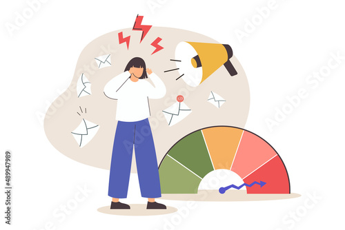 Flat tired exhausted employee with high stress levels. Woman with emotional overload, headache and low level of energy. Depression and overworked concept. Angry office worker with business problems.
