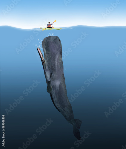Feeling vulnerable about the unknown situation below is this kayaker with a whale moving his way in a 3-d illustration. photo