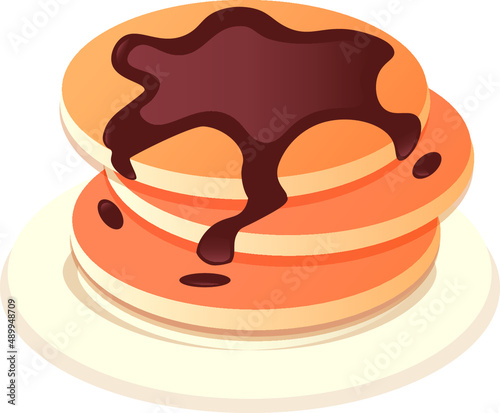 Cartoon pancakes. Stacks of tasty pancakes with maple syrup, butter, chocolate syrup, fruits and jam.