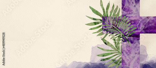 Fotografiet Palm sunday background. Cross and palm, watercolor