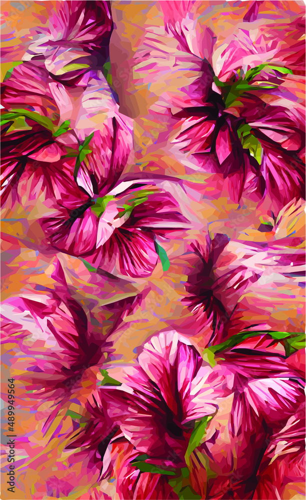 Fototapeta premium hand drawn abstract texture of hibiscus flowers. Pink, blue and yellow spring background. Natural natural texture of tropical vegetation. Design for wedding invitation, card, book.