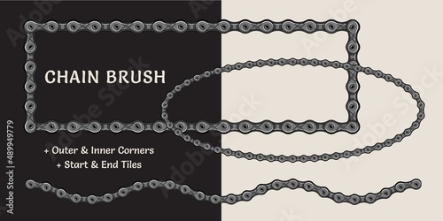 Bike chain pattern brush with corners, end and start tiles. Metallic gray color. For vintage design of logo, emblem, symbol, sign, badge, label, stamp. Isolated on white and black background