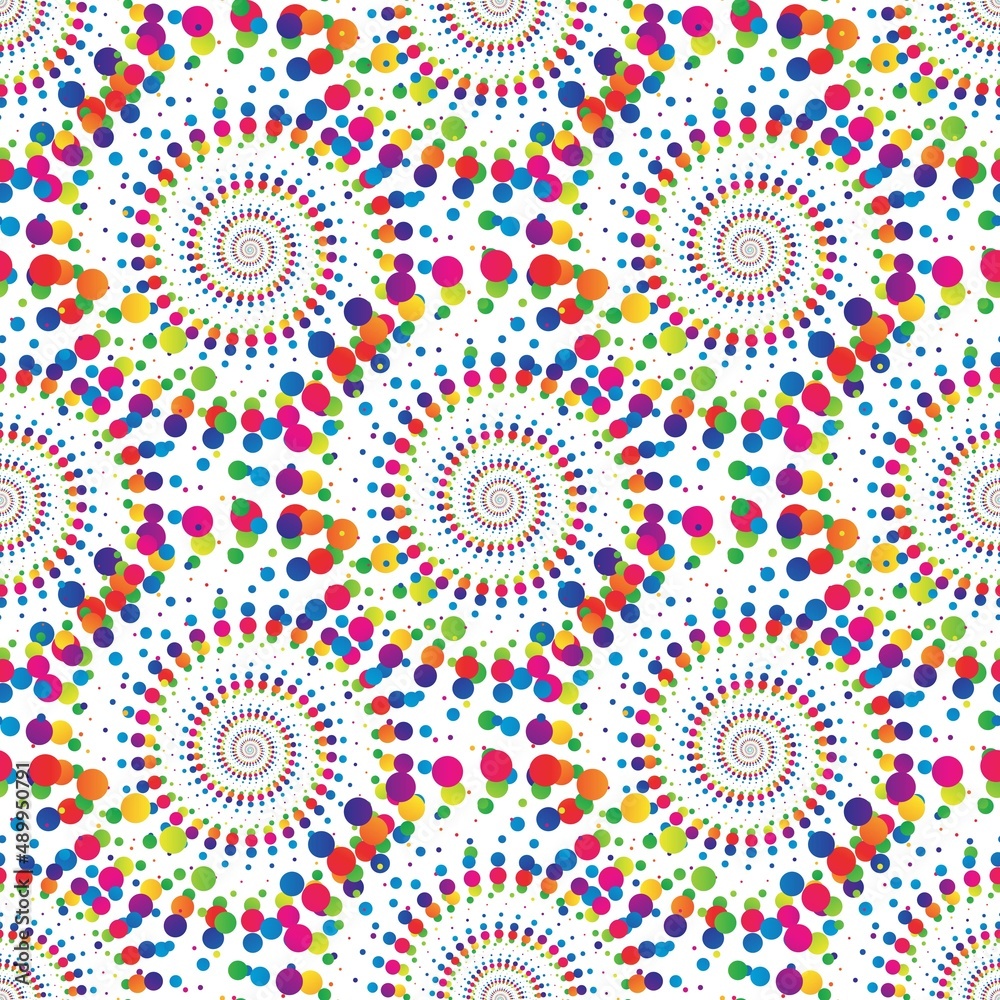 Rainbow abstract mandala halftone seamless pattern on the white background. Vector illustration.