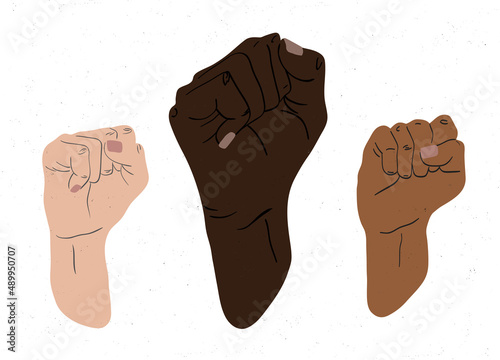 Ilustración de varios brazos con los puños alzados. Puños en diversos tonos de piel. Conceptos de diversidad, fuerza, tolerancia, igualdad, unidad, asociación, lucha