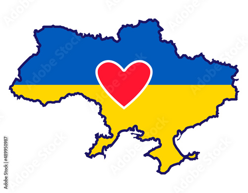 Ukraine map with national flag and red heart. Country silhouette. Outline color filled vector illustration