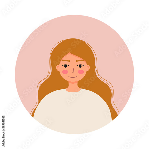 Portrait of beautiful women at round frame. Avatar of female character isolated on white background. Flat vector cartoon illustration.
