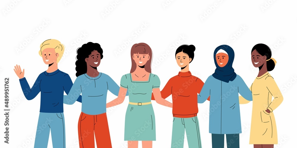 Fototapeta premium Six women of different nationalities and cultures hugging together. Happy girls are friends, female solidarity. International women's day. Feminist movement. Sisterhood and female friendship