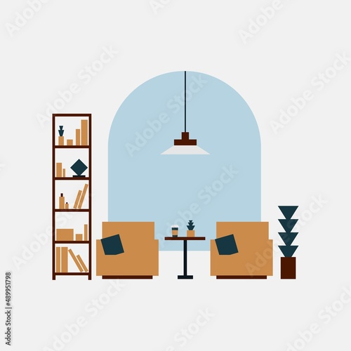 Livingroom loft or library interior design minimalism with coffee table armchairchair lamp decorative plants coffee cup and bookcase in pastel colors 