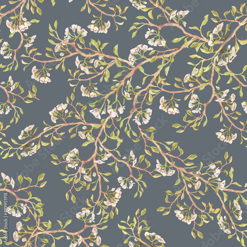 Seamless pattern on a gray background of branches with pale pink and white flowers and green leaves. Painted by hand in watercolor. For wallpapers  textiles  wrapping paper  postcards and invitations.
