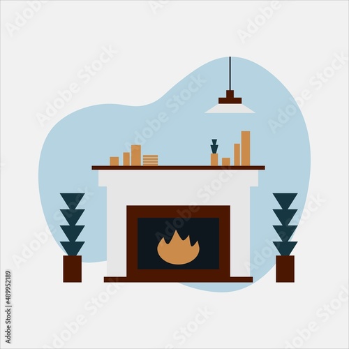 Living room interior abstract graphic illustration of cozy traditional lodge modern or retro apartments with kindled hearth fireplace flat style vector design