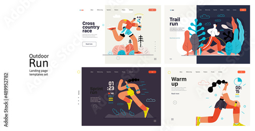 Runners website templates set. Flat vector concept illustrations of athletes running in a park, forest, stadium track or street landscape. Healthy activity and lifestyle. Sprint, jogging, warming up.