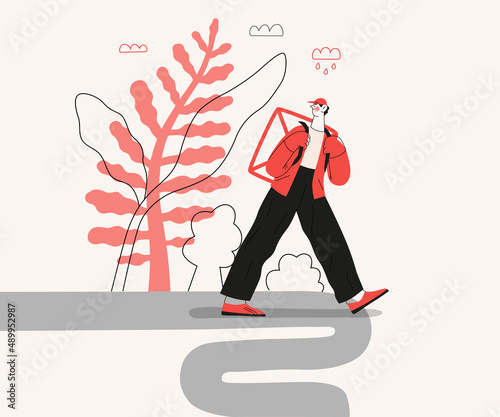 Startup illustration. Flat line vector modern concept illustration of a young man, startup metaphor. Concept of building new business, planning and strategy, teamwork and management, company processes