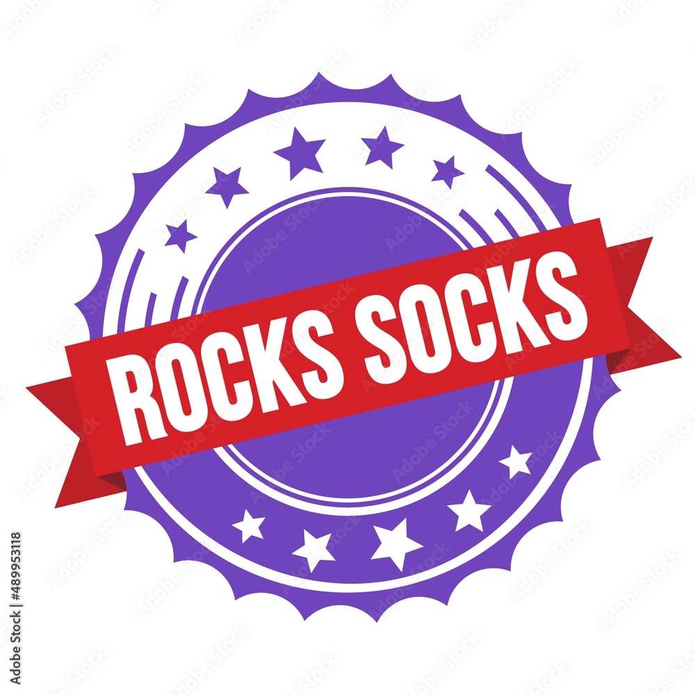 Obraz premium ROCKS SOCKS text on red violet ribbon stamp.