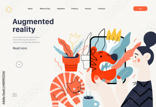 Technology Memphis -Augmented reality, modern flat vector concept digital illustration - augmented reality metaphor -woman with tablet and cat arounded by plants. Creative landing web page template