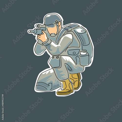 squat position soldier ready to shoot facing forward