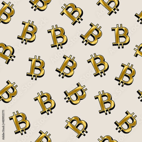 Seamless pattern with gold bitcoin symbols on white background. Cryptocurrency, digital money pattern. Vector illustration.