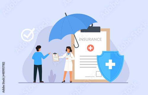 Health insurance concept. Doctors characters stand near health insurance Contract. Vector illustration of healthcare.