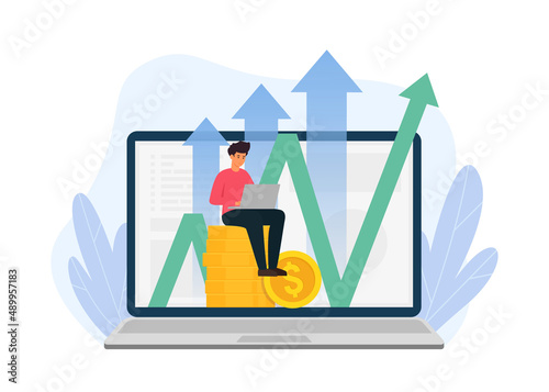 Vector illustration of investment and analysis money profits. Successful investor or entrepreneur. Financial consulting, investment and savings.