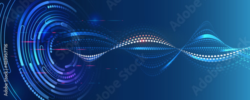 The global wireless standard concept. Hi-tech communication illustration on a blue background. 5G high-speed information transmission technology. photo