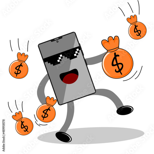 Cartoon illustration of the phone carrying money with pixel glasses. Illustration of a phone cartoon character for business.