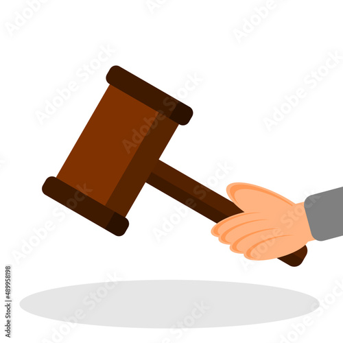 Illustration of flat wood judge hammer with a hand. Judge hammer icon law gavel auction.