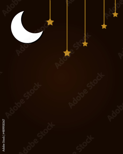 Moon and hanging star with copy space in a brown background. Best used for Ramadan Kareem background.