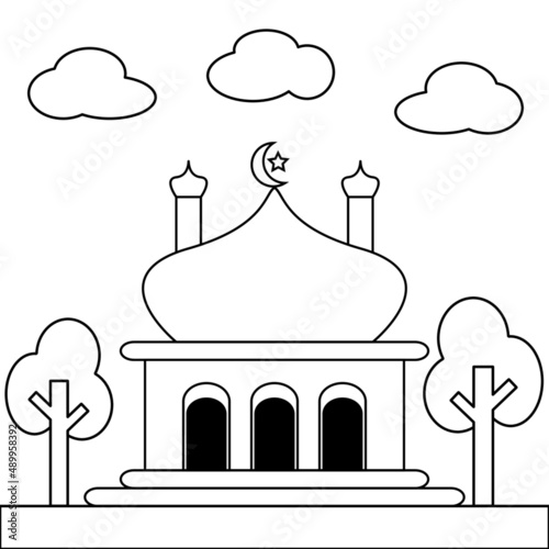 Simple mosque illustration design for coloring book. Color book theme of mosque for education. Fun learning for kids. Simple graphic design drawing concept of mosque.