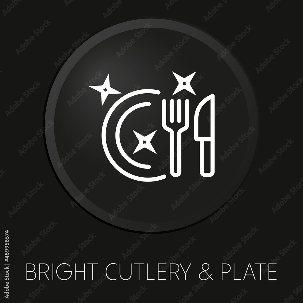 Bright cutlery & plate minimal vector line icon on 3D button isolated on black background. Premium Vector. Bright cutlery & plate minimal vector line icon on 3D button isolated on black background. Premium Vector.