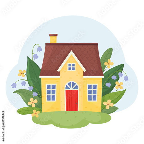 Cute yellow house surrounded by flowers and leaves. Fairytale fantasy house for a dwarf or elf.