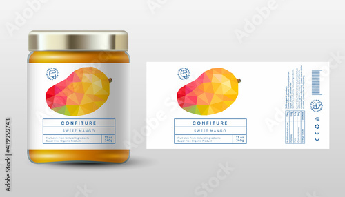 Mango confiture. Sweet jam. Low-poly mango fruit like crystal. Tropic fruit. Label and packaging simple design.