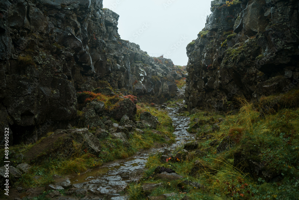 Oxararfoss Trail. Icelandic nature landscape of Thingvellir National Park. Iceland
