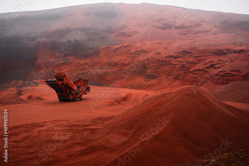 Red sand quarry. Seydisholar crater. Martian landscape in Iceland