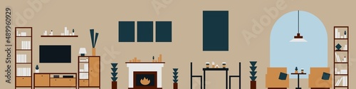 Minimal panorama concept of living room or apartment modern luxury furniture set isolated vector background illustration