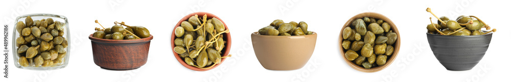 Set with pickled capers on white background. Banner design Set with pickled capers on white background. Banner design